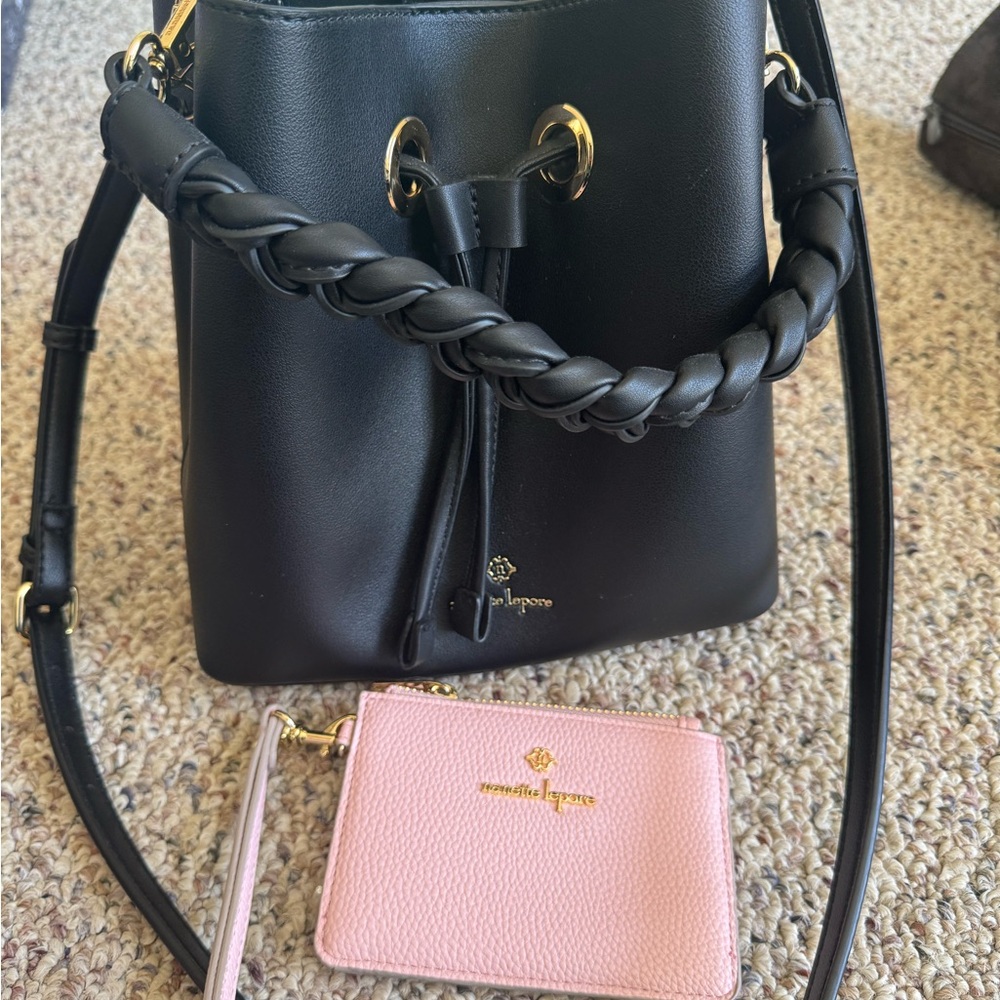Black Leather Bucket Bag with Pink Card Holder